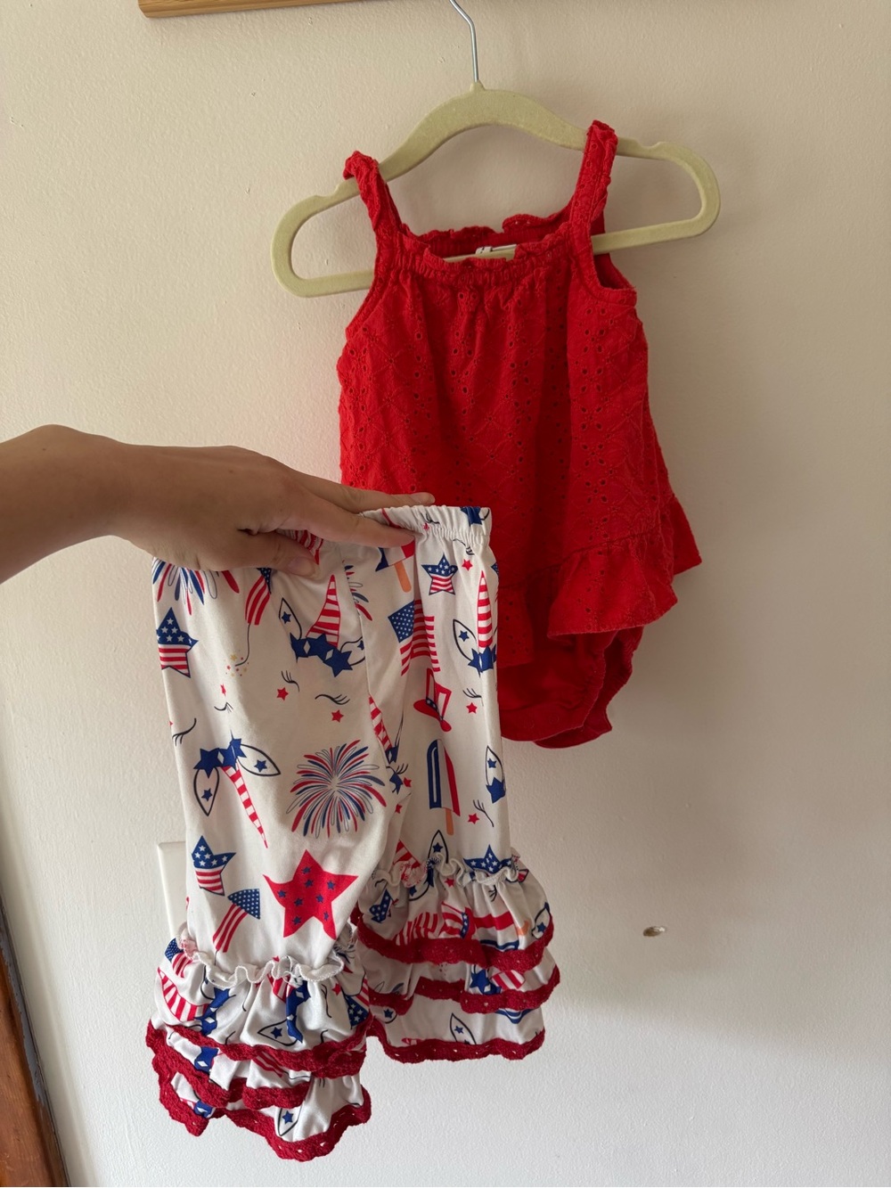 Red Eyelet Romper + Patriotic Ruffle Shorts Set